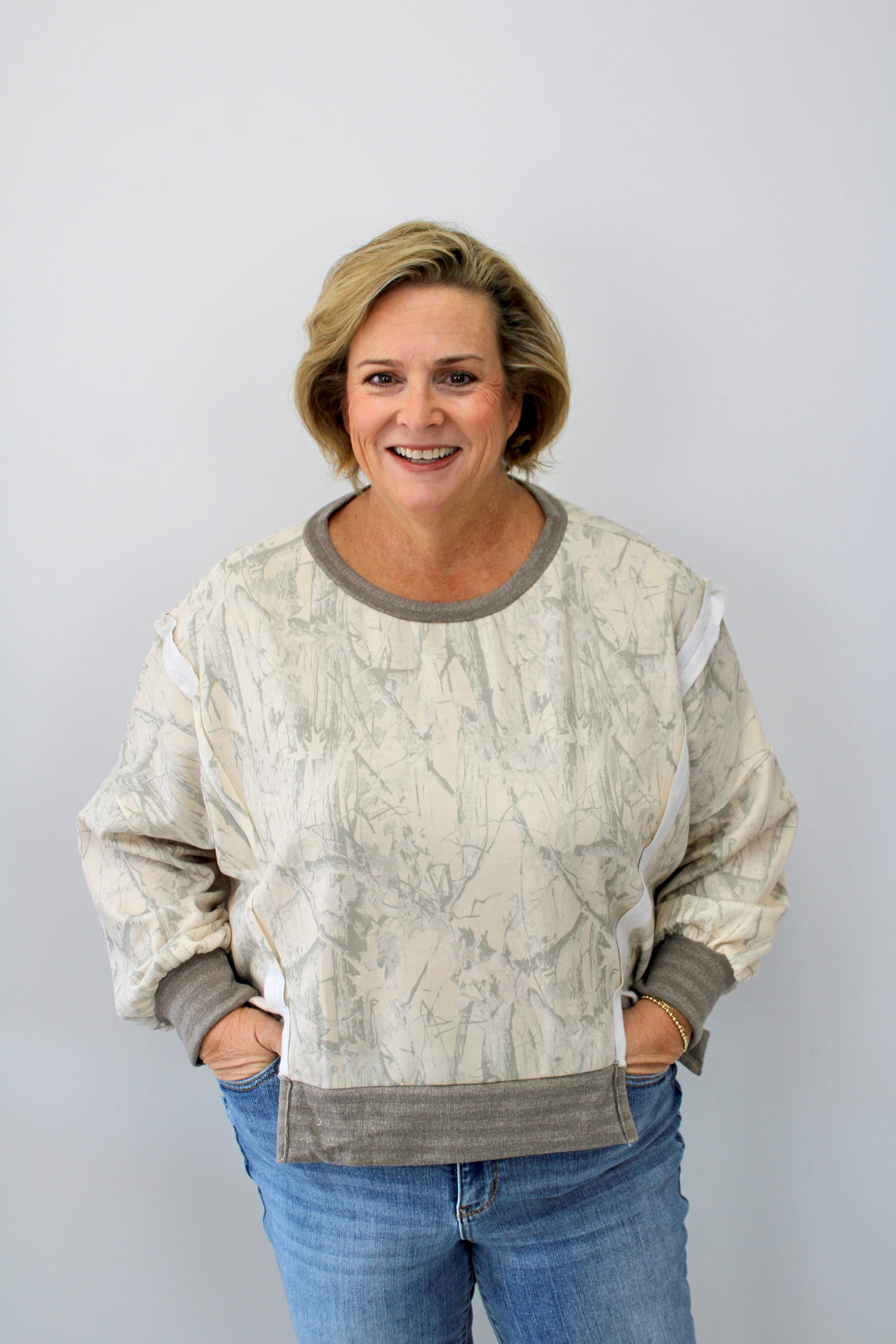 Taupe camo pullover top