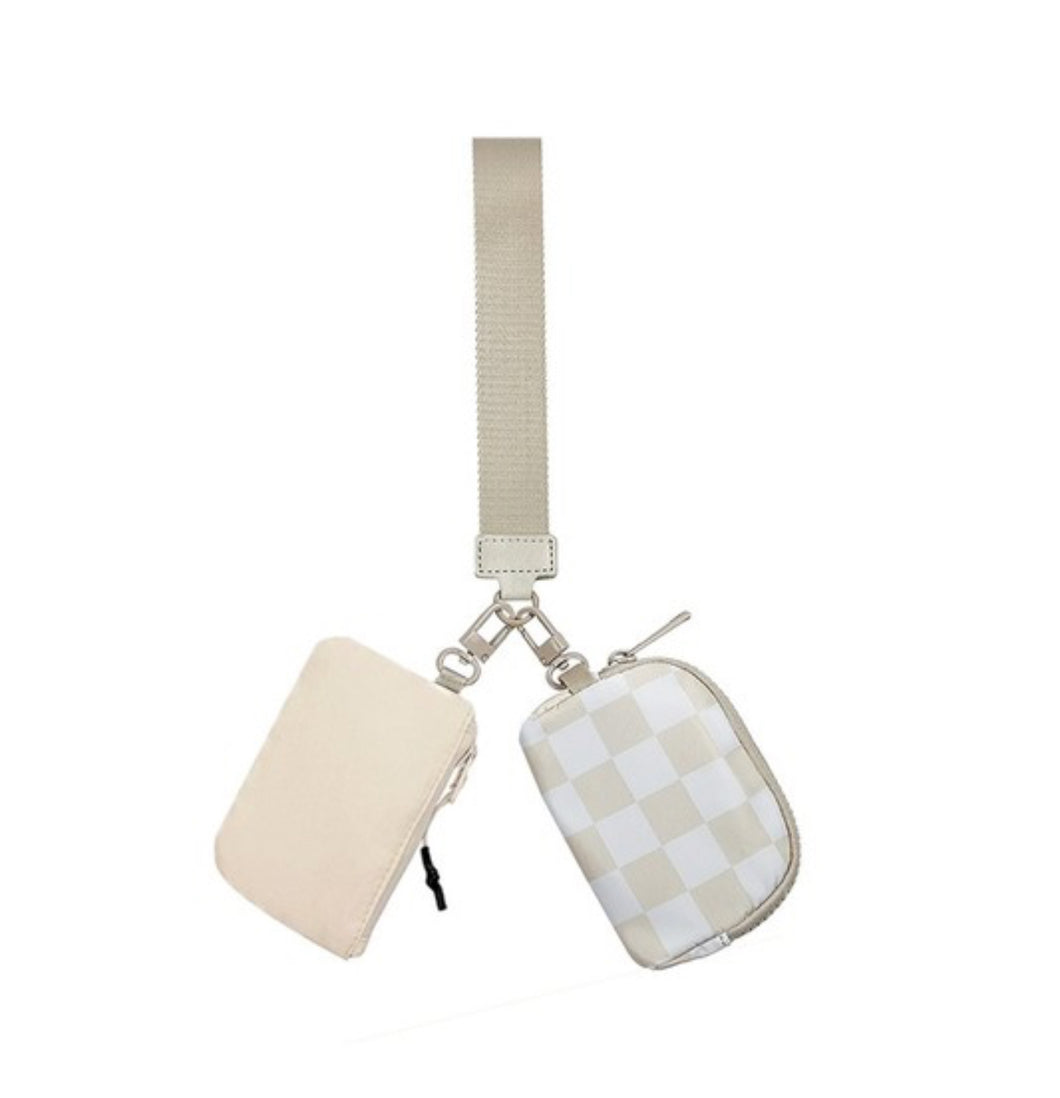 Beige checkered keychain wallet