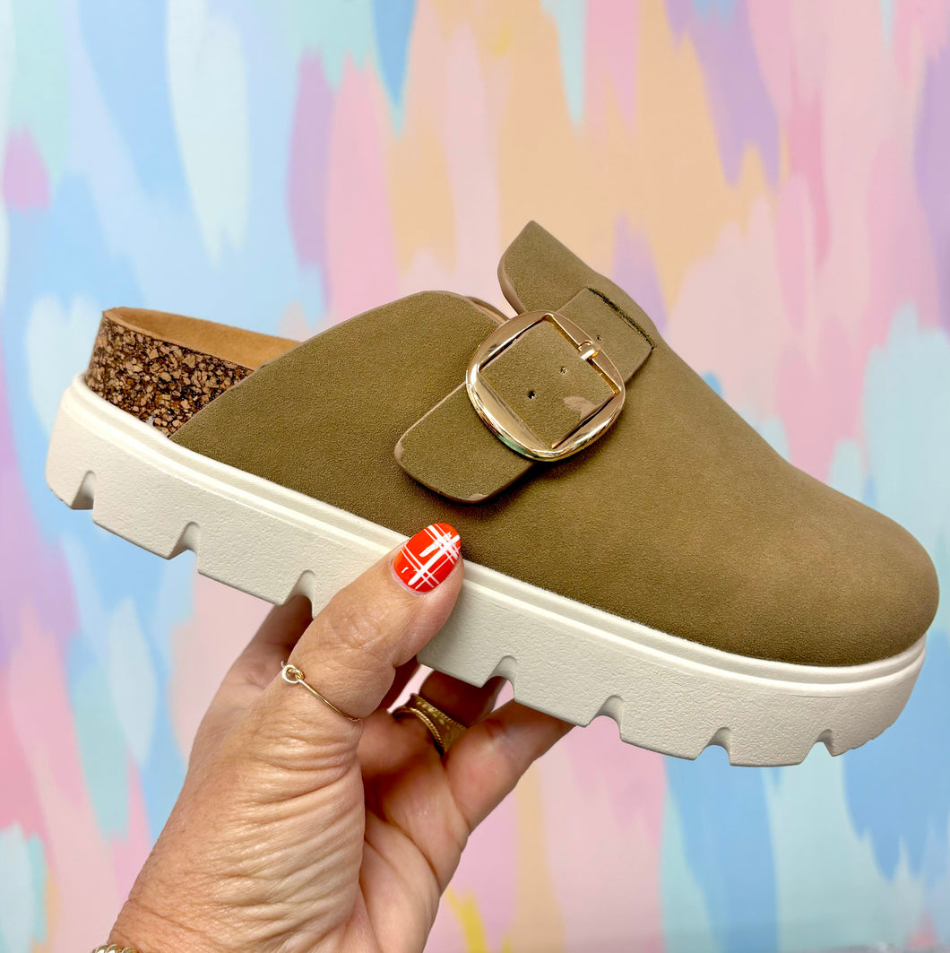 Taupe buckle platform shoes