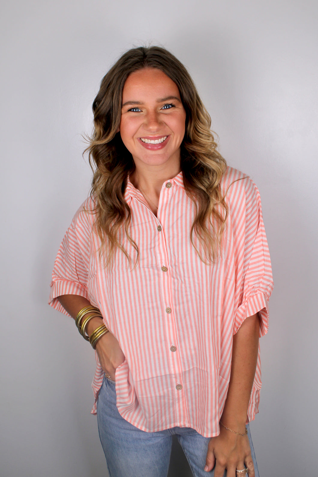 Pink button stripe top