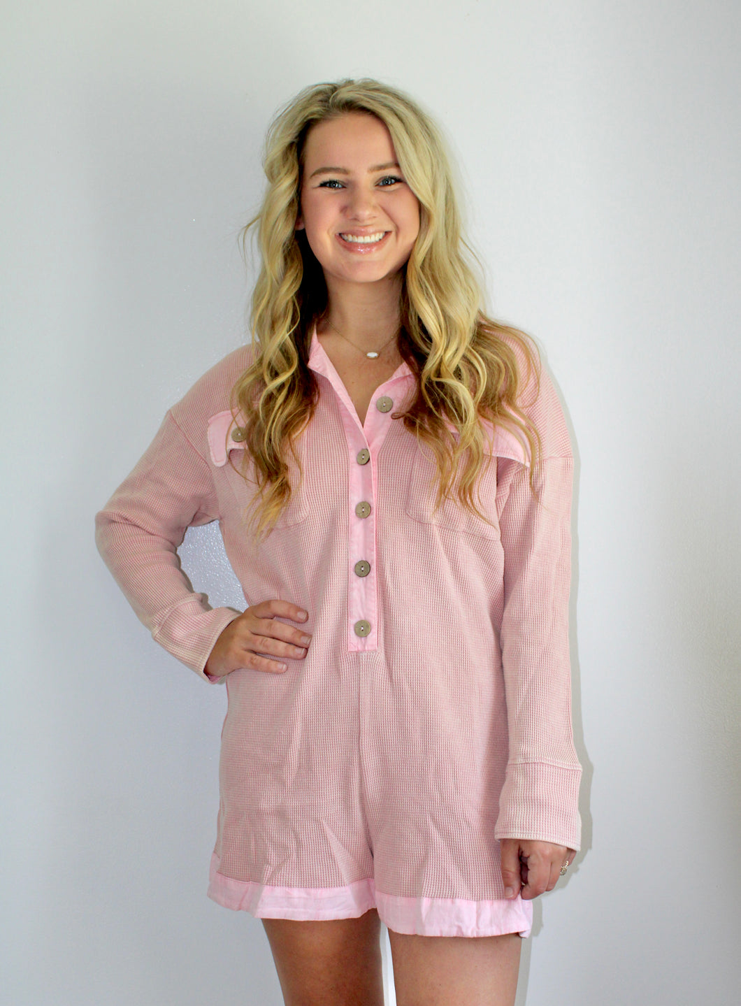 Pink waffle knit romper