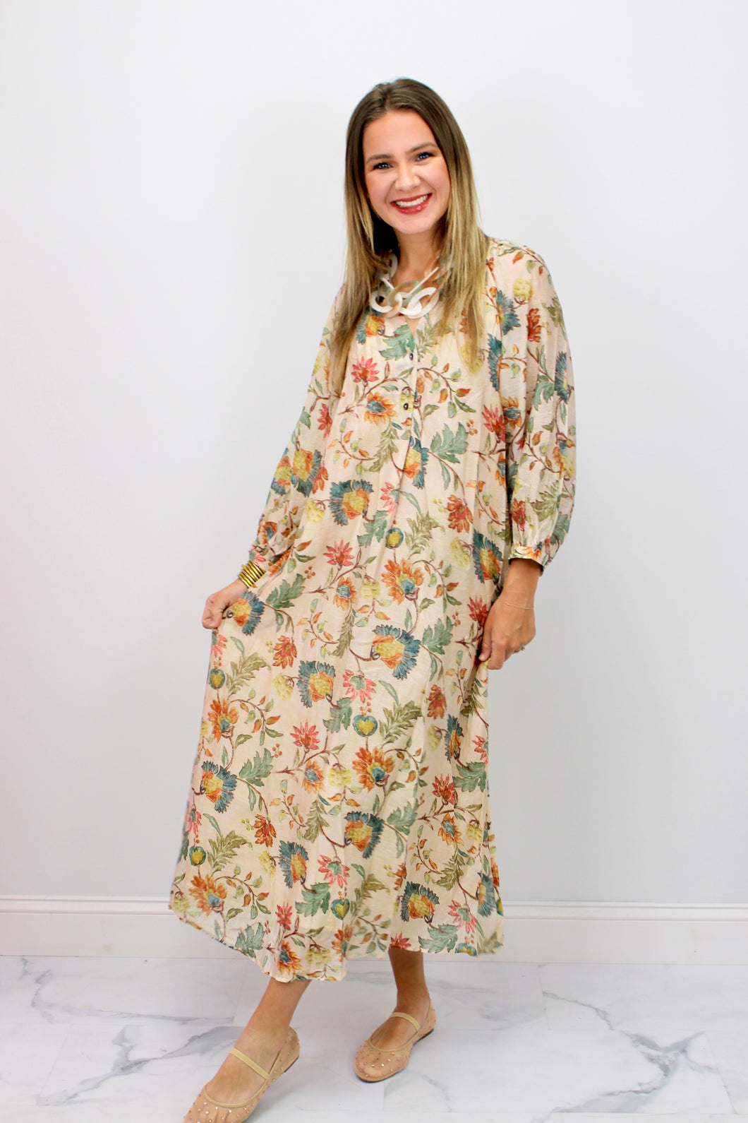Oatmeal floral midi dress