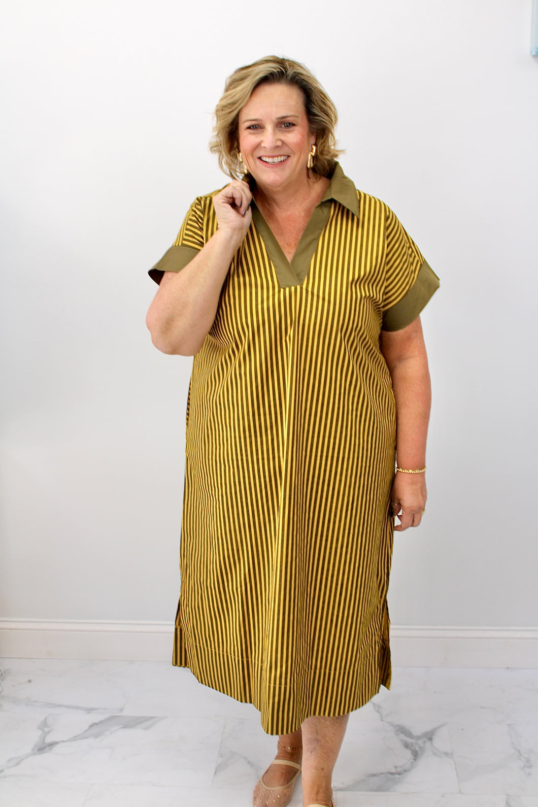 Olive stripe midi dress