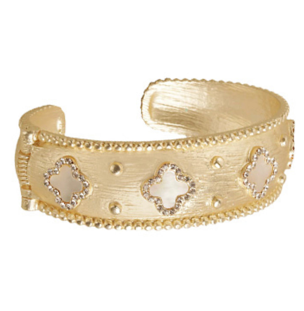 Gold clover stoned cuff bracelet