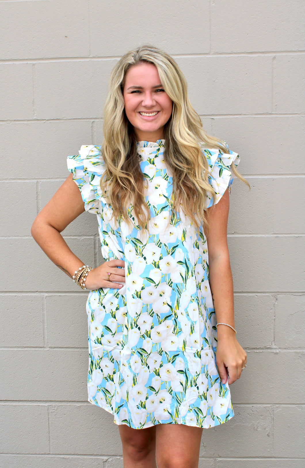 Flower print blue dress