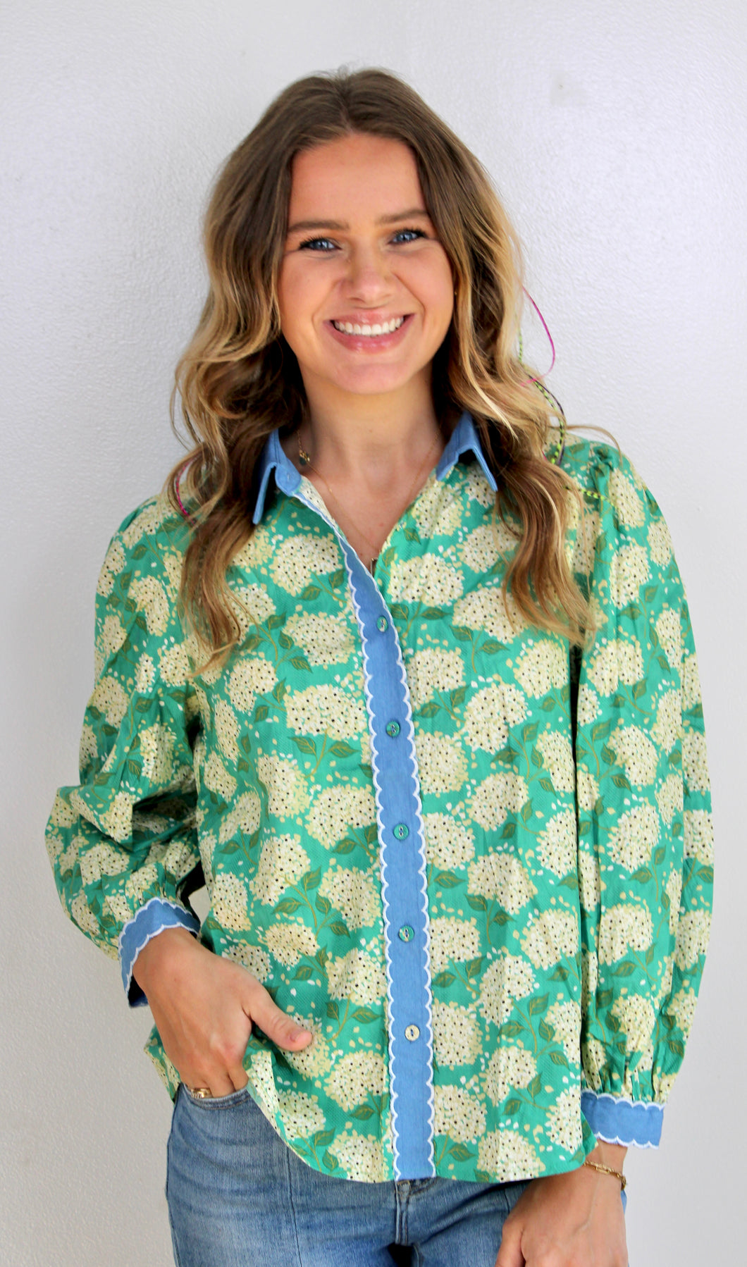 Green blue floral long sleeve top