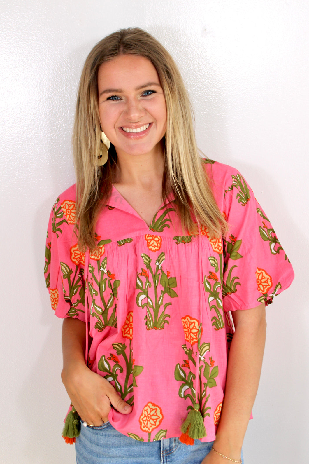 Pink puff sleeve floral top