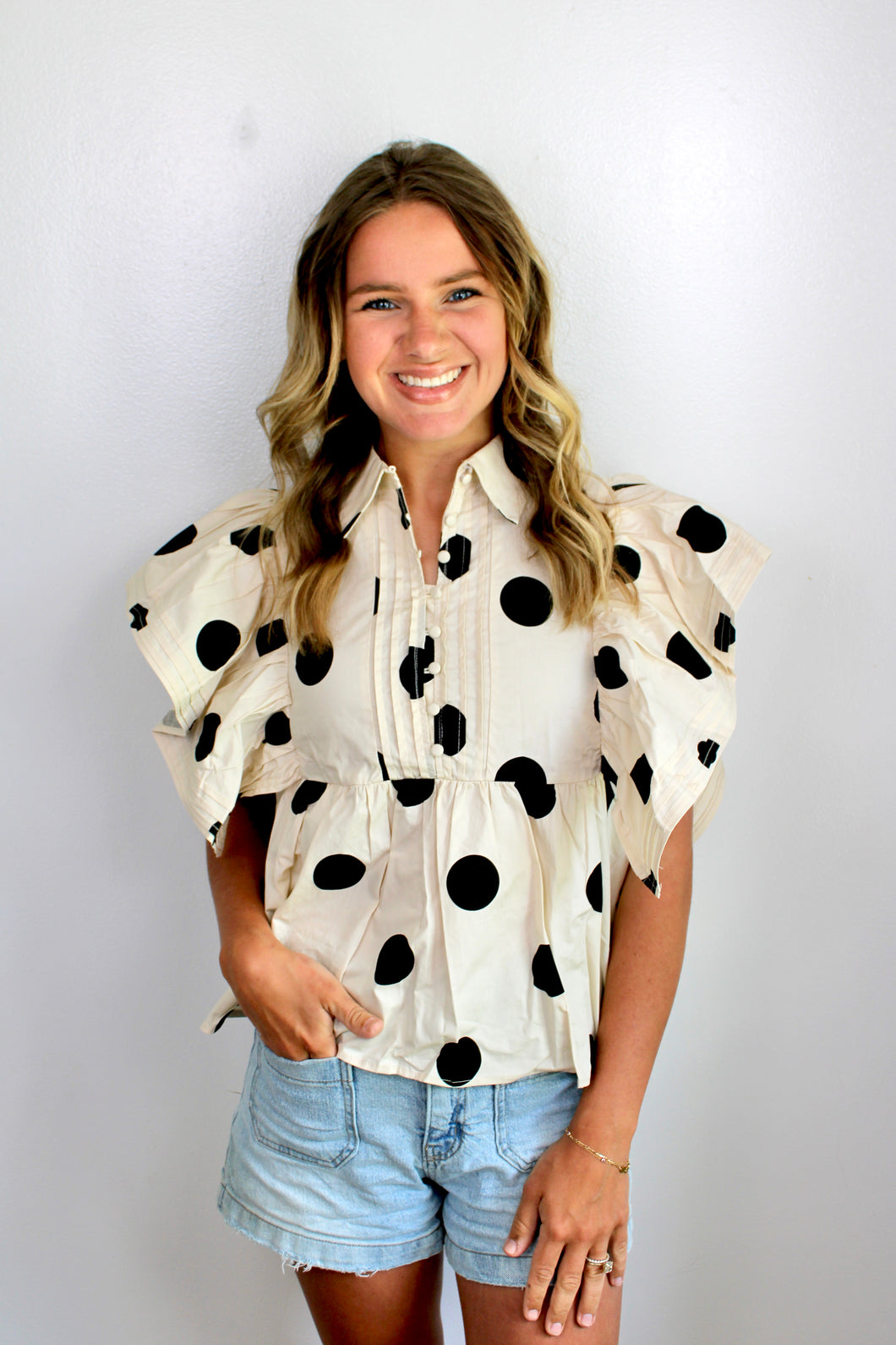Ivory black dot ruffle top- last chance