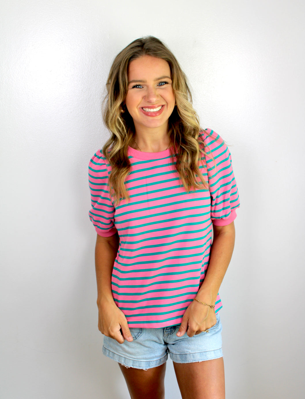 Pink green stripe puff sleeve top