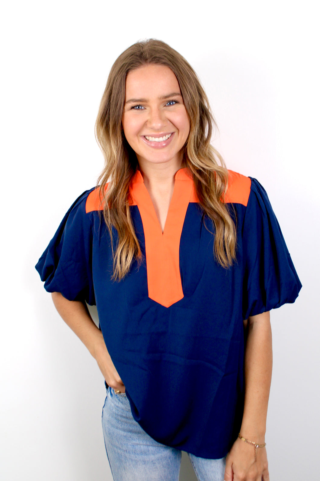 Navy orange top