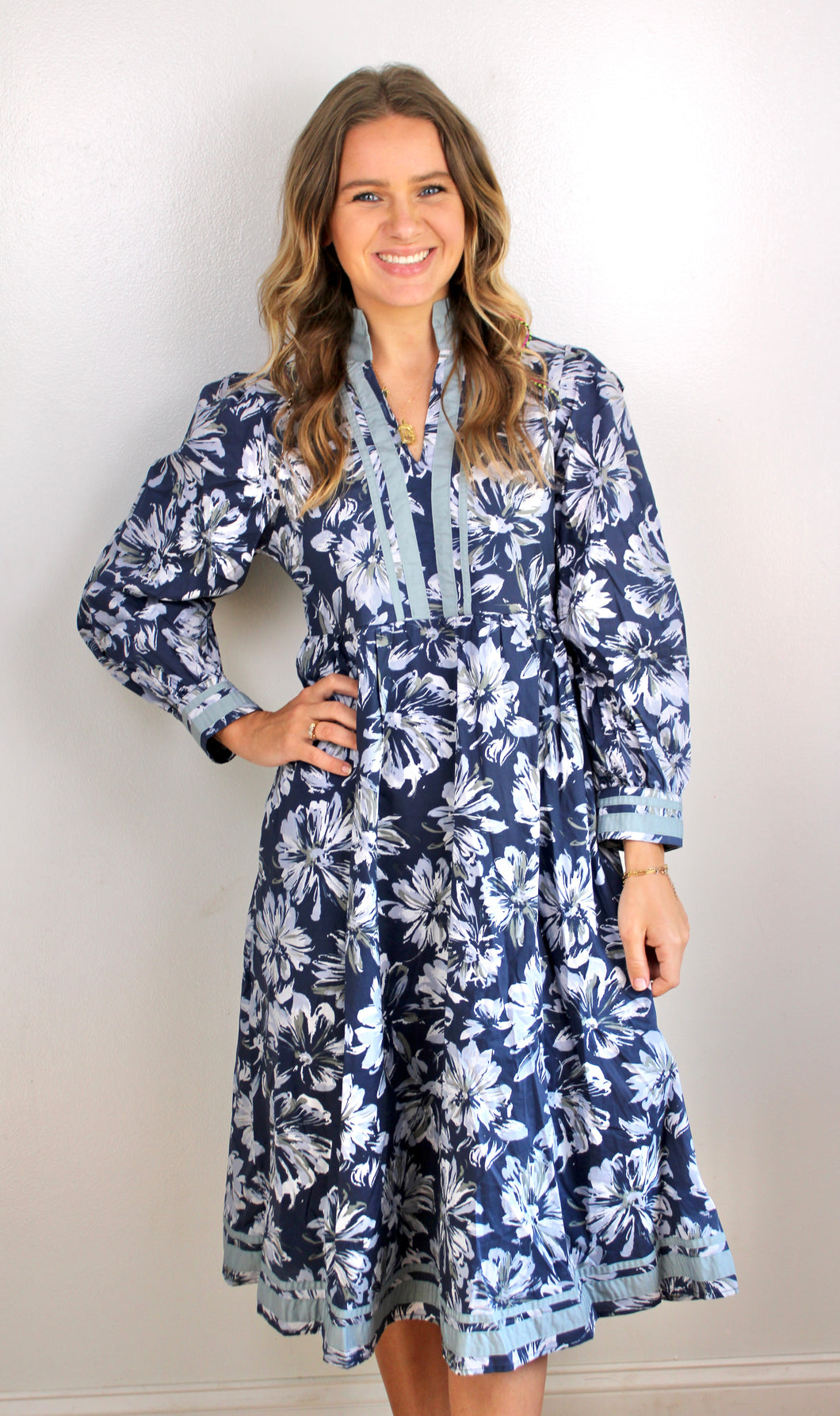 Navy floral midi dress