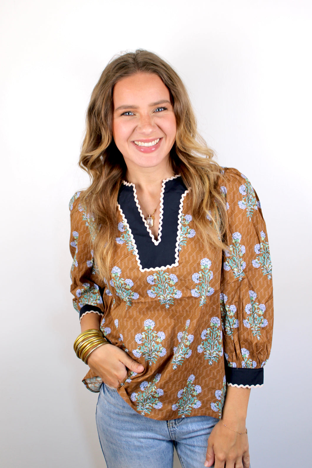 Camel navy floral top