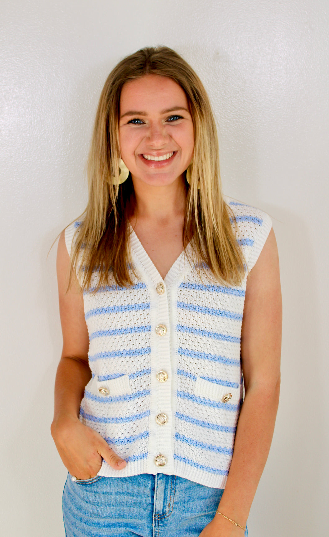 Blue stripe gold button vest top