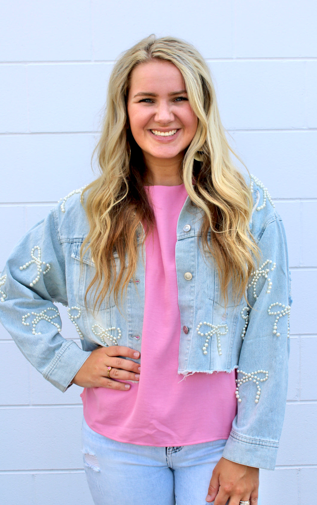 Denim pearl bow jacket