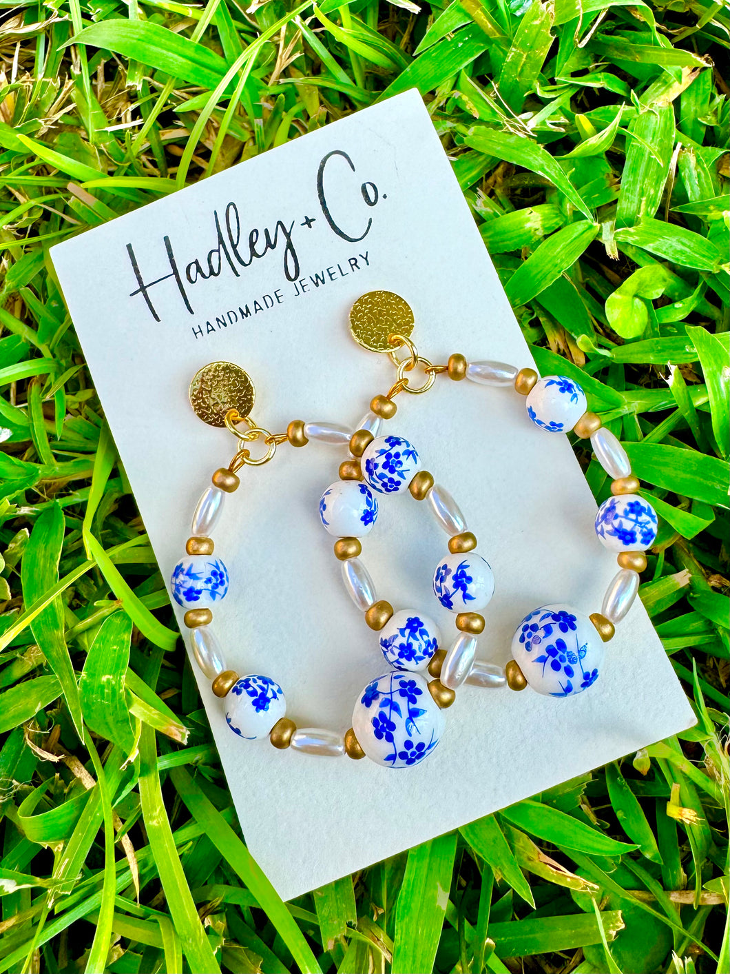 Blue white pearl beaded Hadley +co earrings