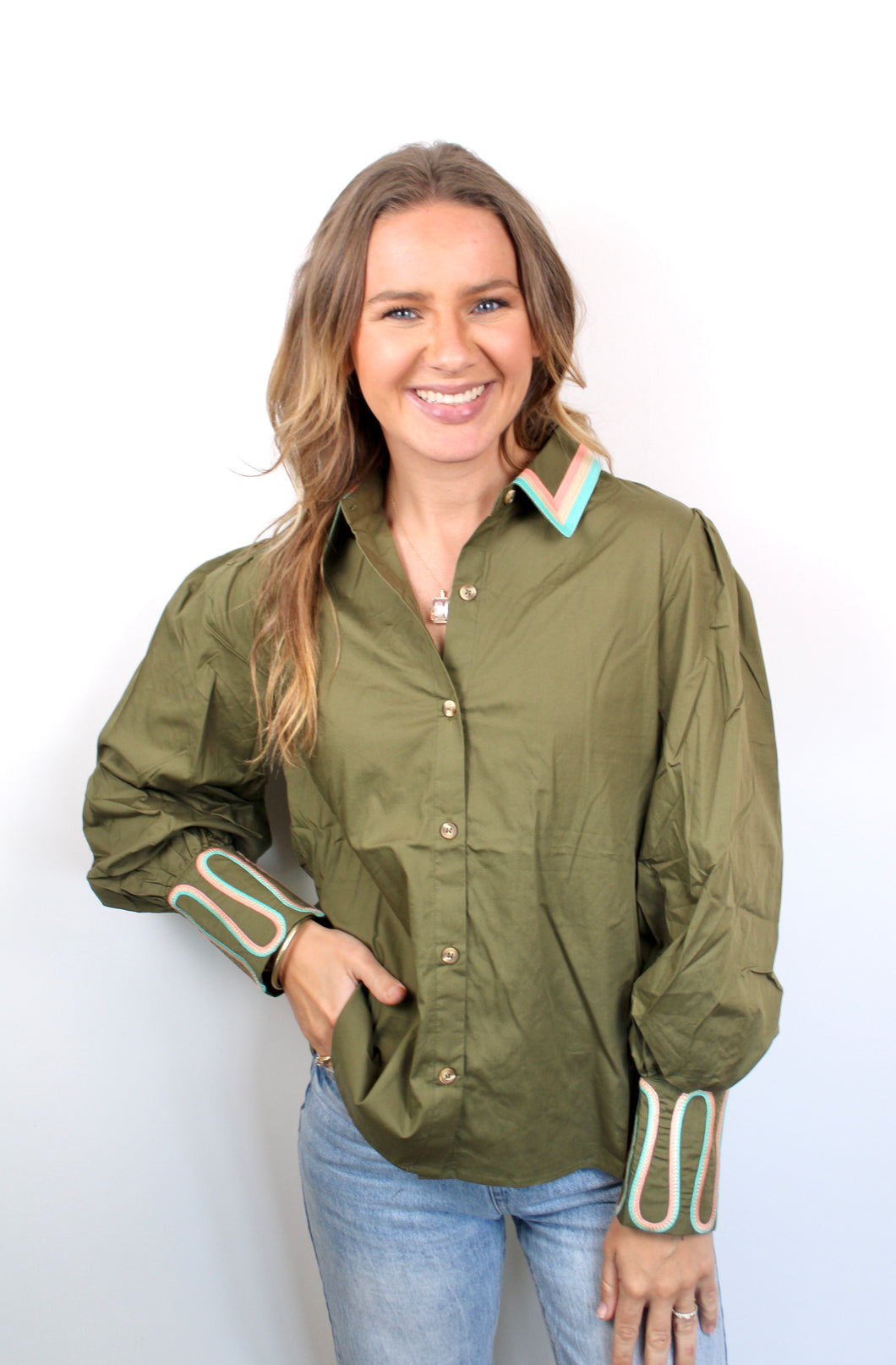 Olive Green embroidered trim top