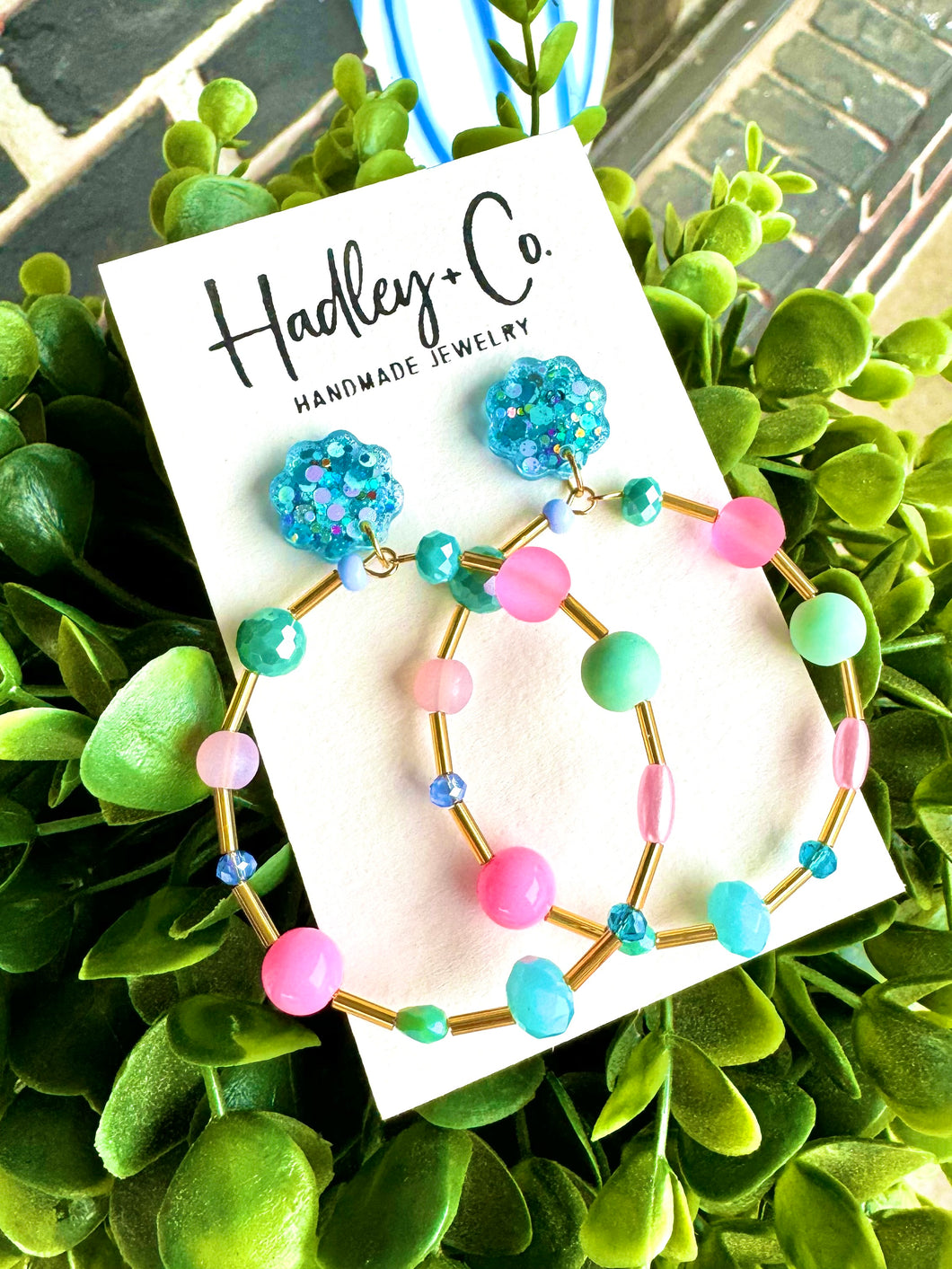 Teal pink beaded Hadley + co earrings