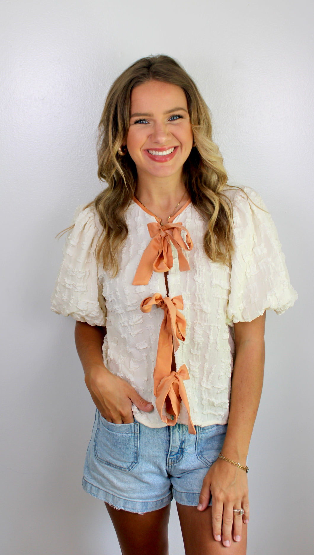 Pink ivory bow tie top