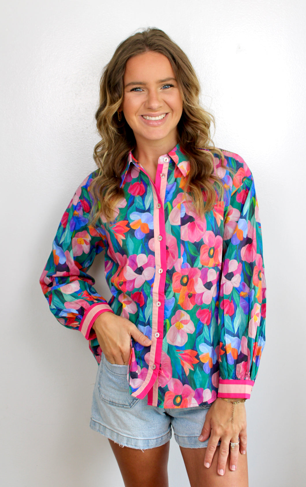 Contrast floral button down top