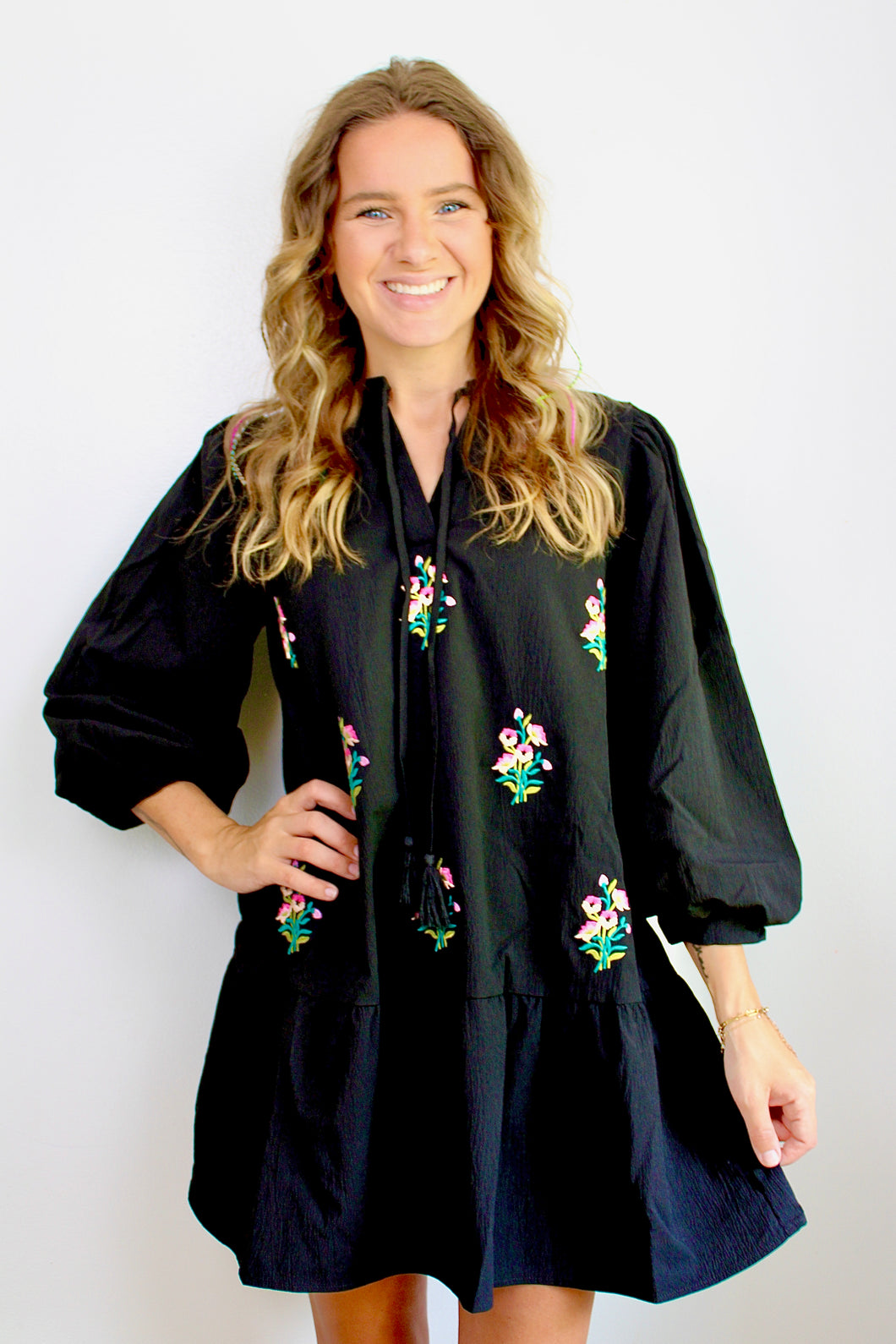 Black floral embroidered dress