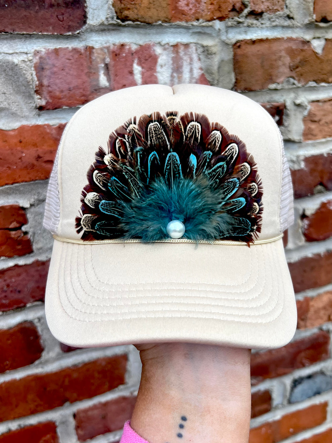 Tan blue feather hat- hart designs