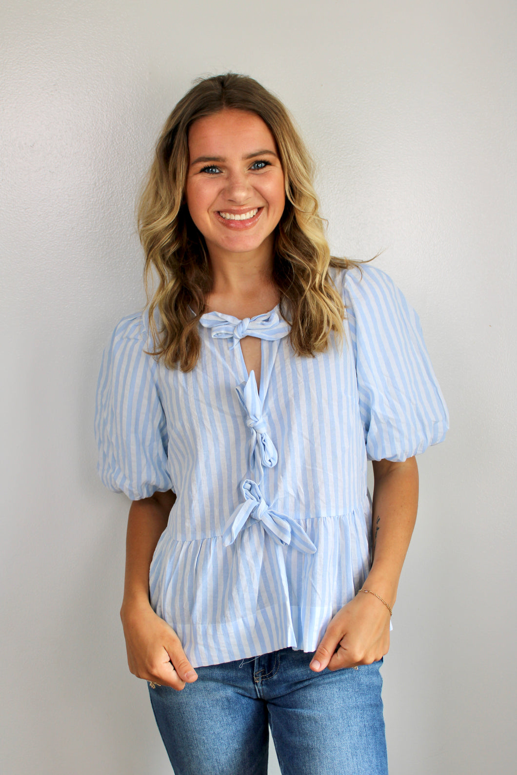 Blue stripe tie top- last chance