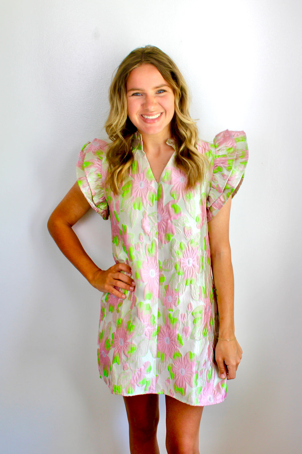 Green pink jacquard dress