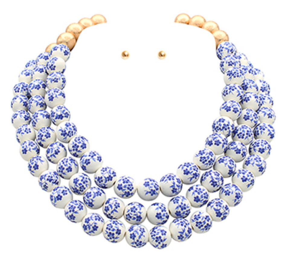 Blue floral 3 row beaded necklace