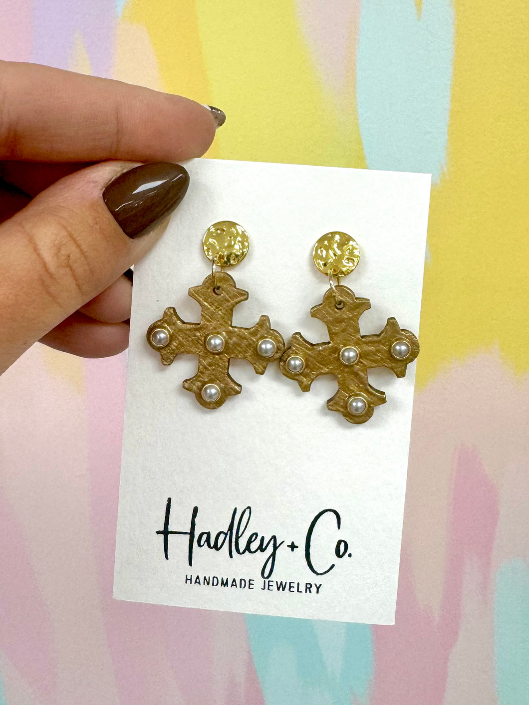 Gold cross pearl Hadley + co earrings