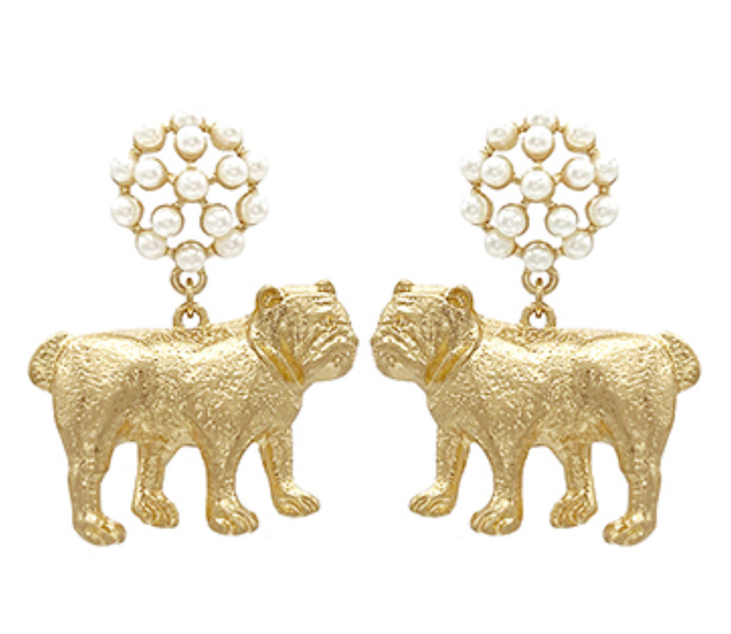 Gold bulldog pearl earrings