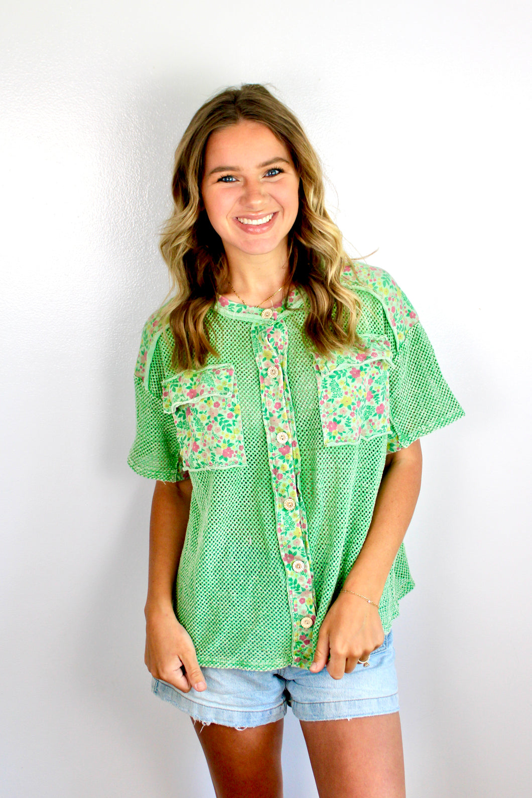 Green floral button down top