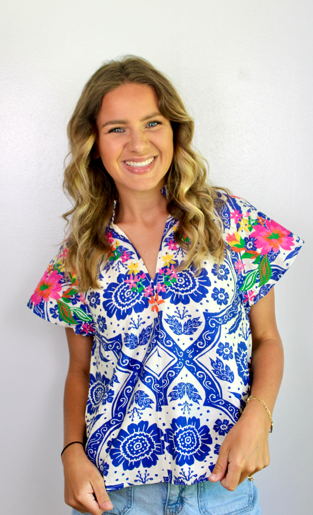 Blue multi embroidered top
