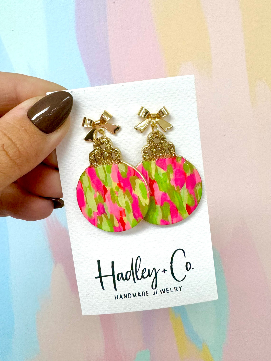 Pink green abstract ornament Hadley + co earrings