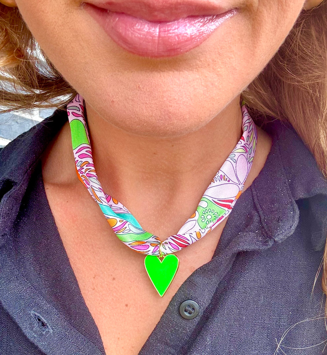 Neon green heart scarf necklace- hart designs