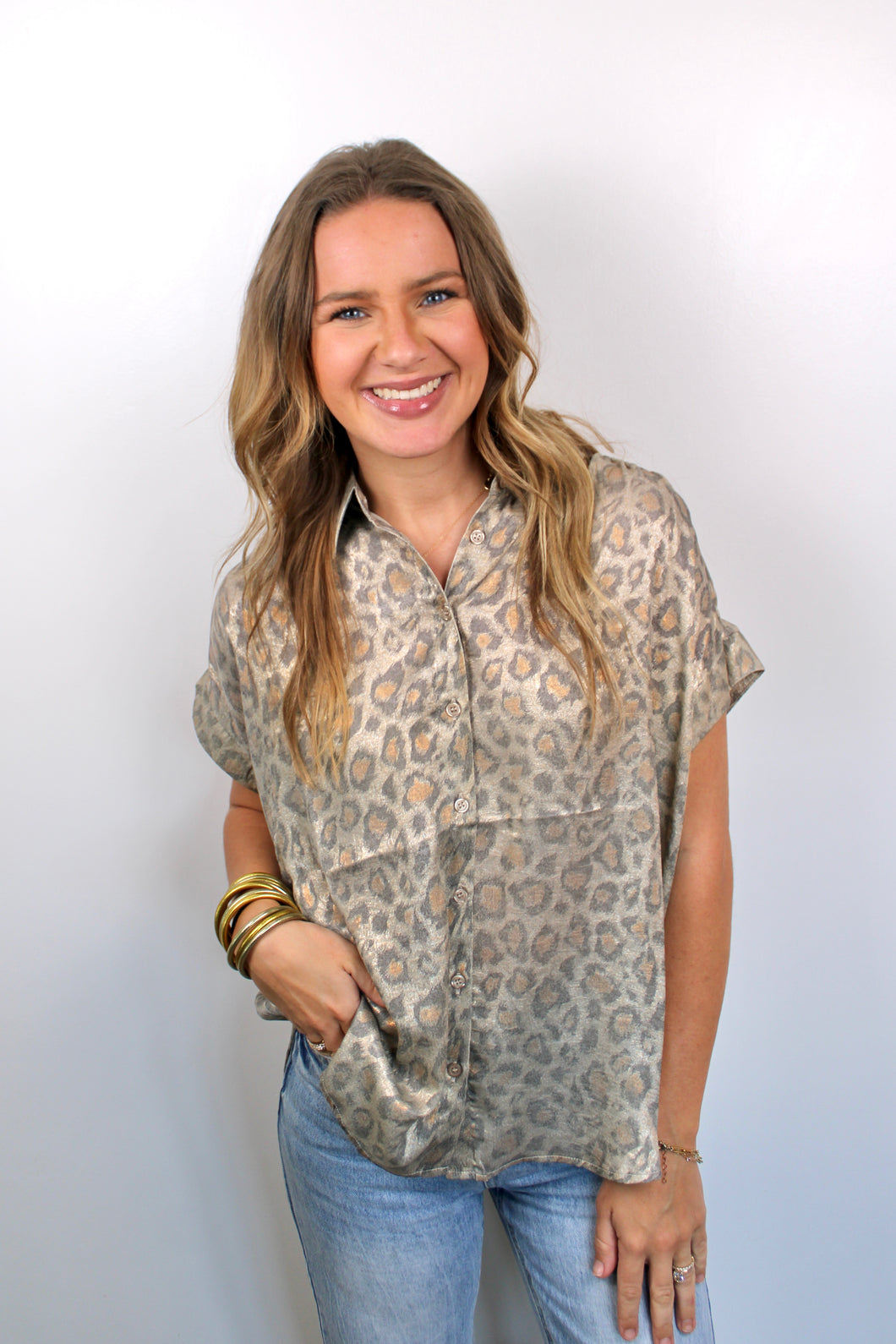 Shimmer leopard button down top