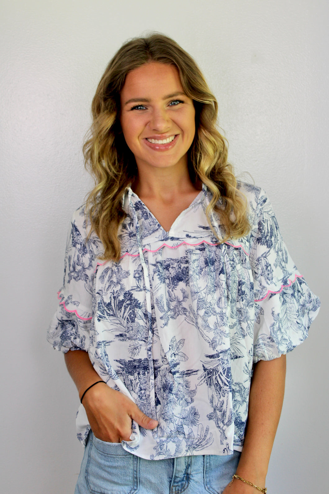 Blue white floral pink trim top