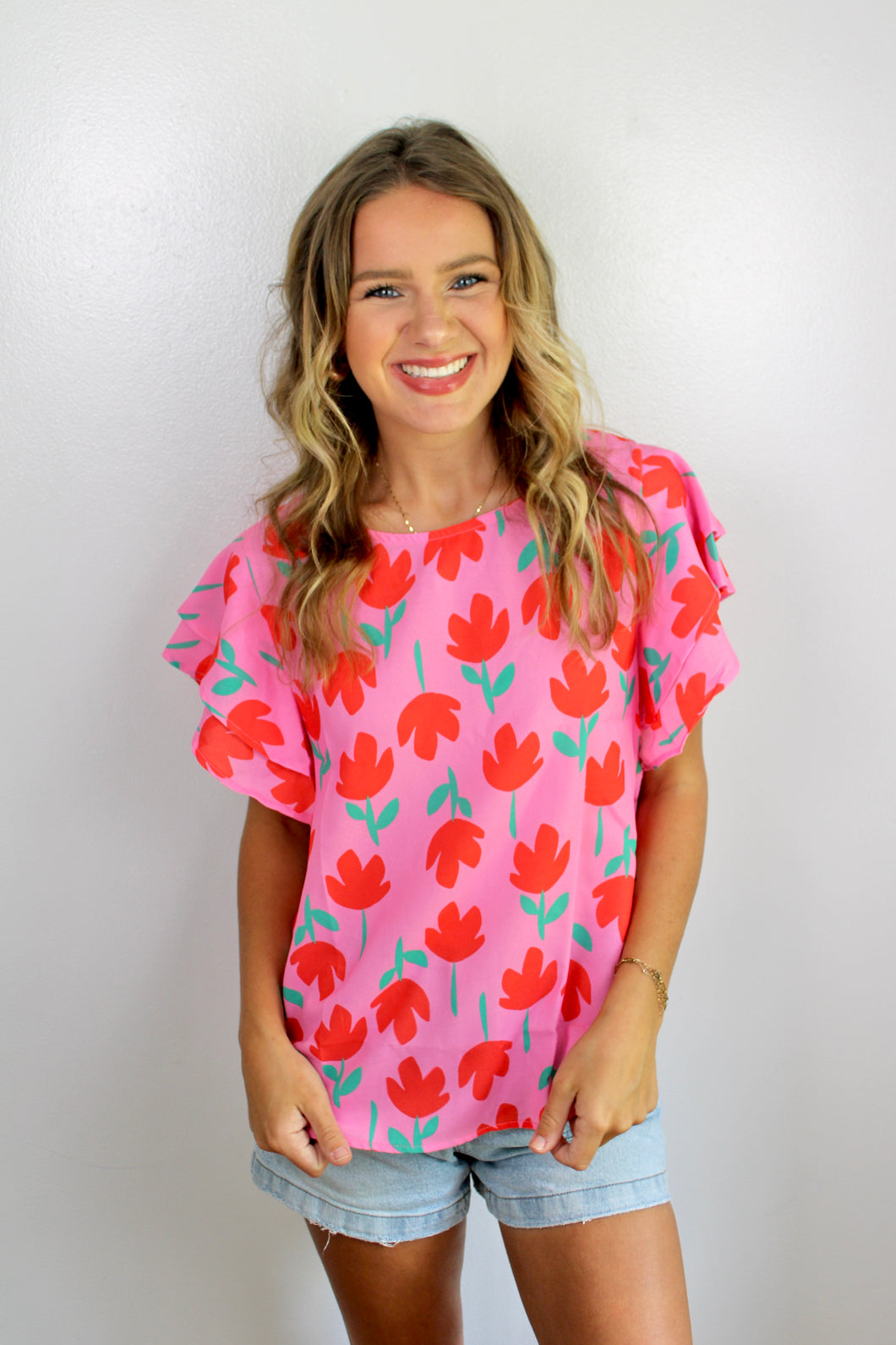 Pink red floral printed top