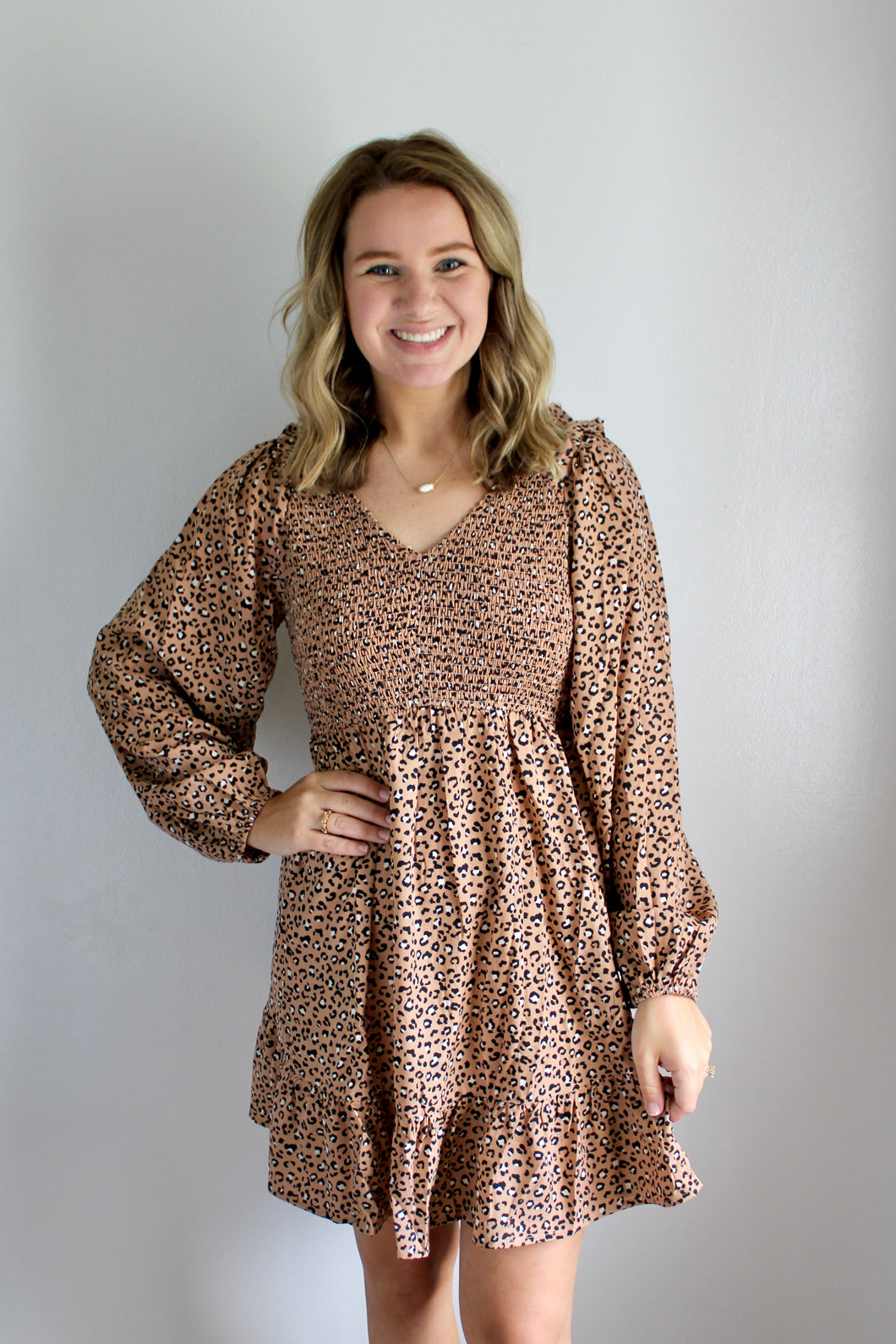 Leopard smocked long sleeve dress