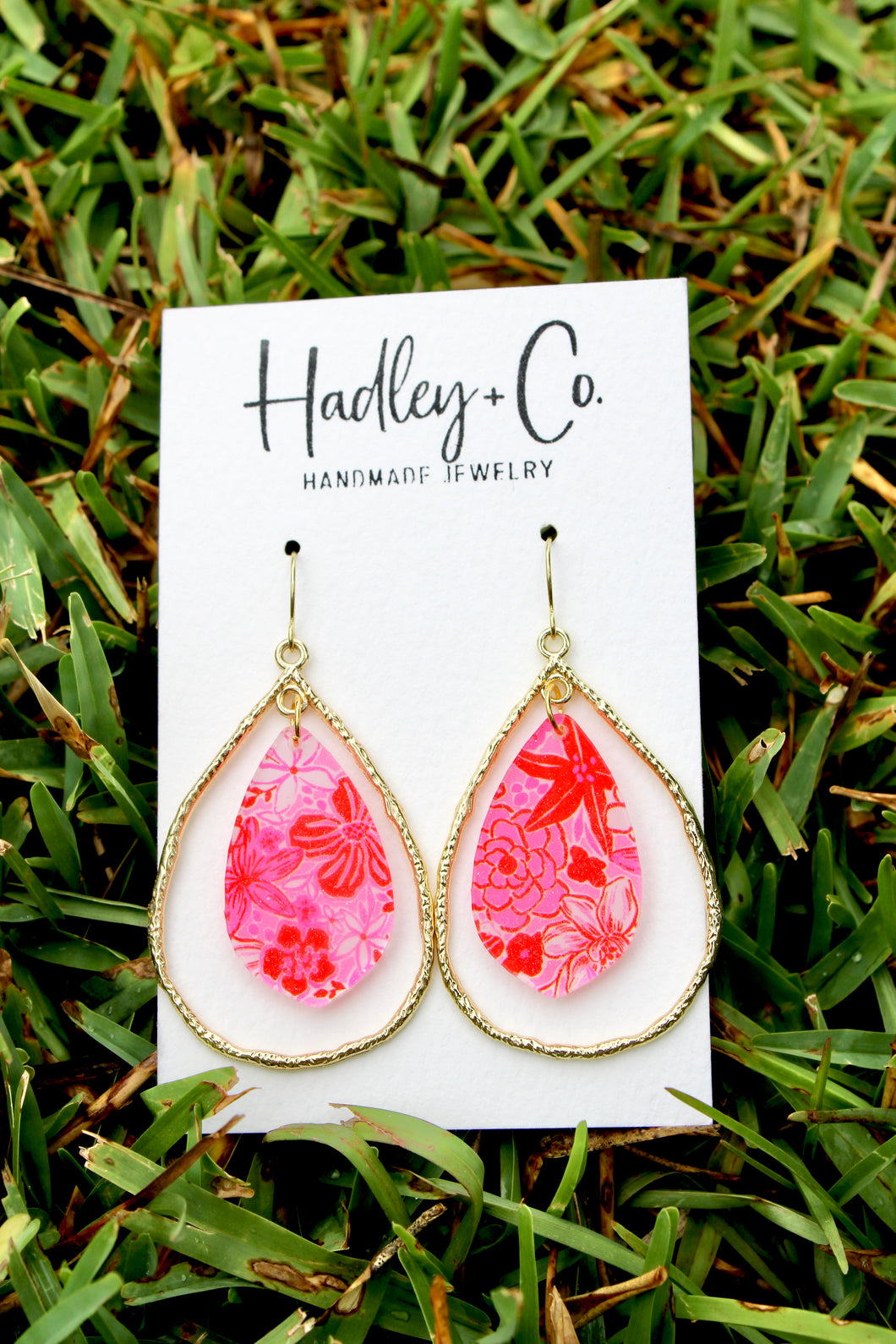 Gold pink floral teardrop Hadley + co earrings