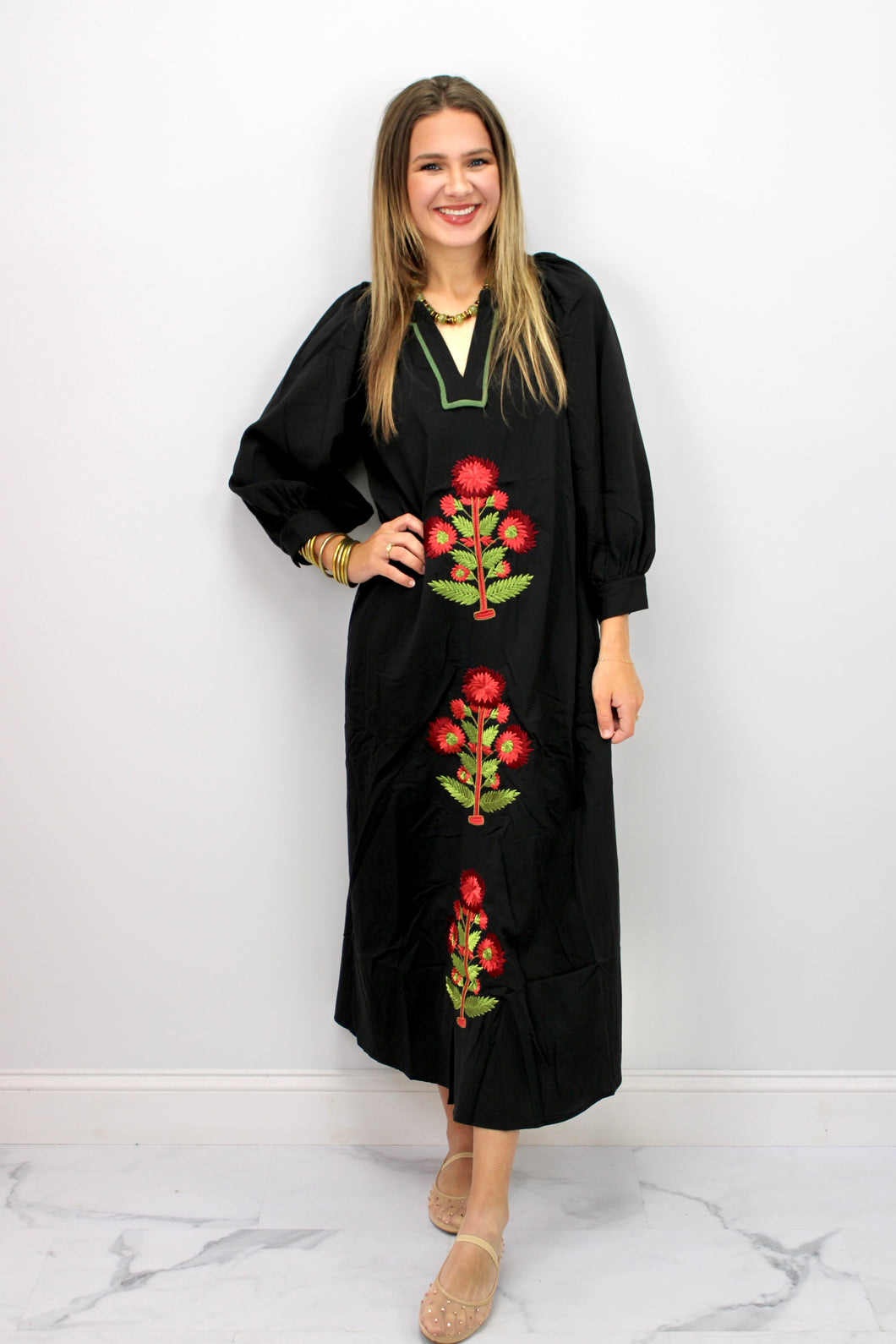 Black embroidered floral dress