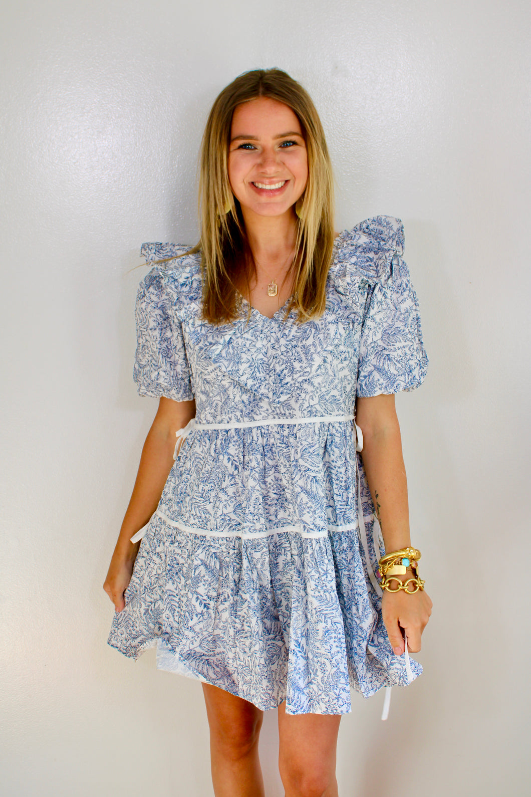 Blue white floral ruffle dress- last chance