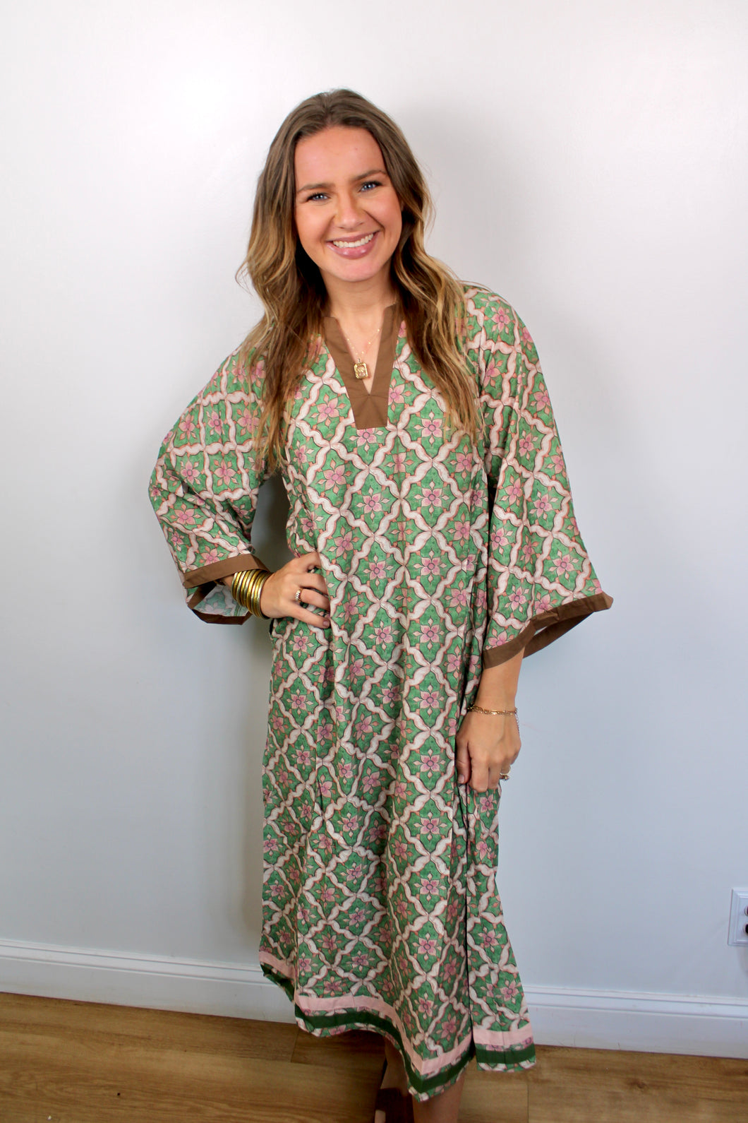 Brown mauve Green dress