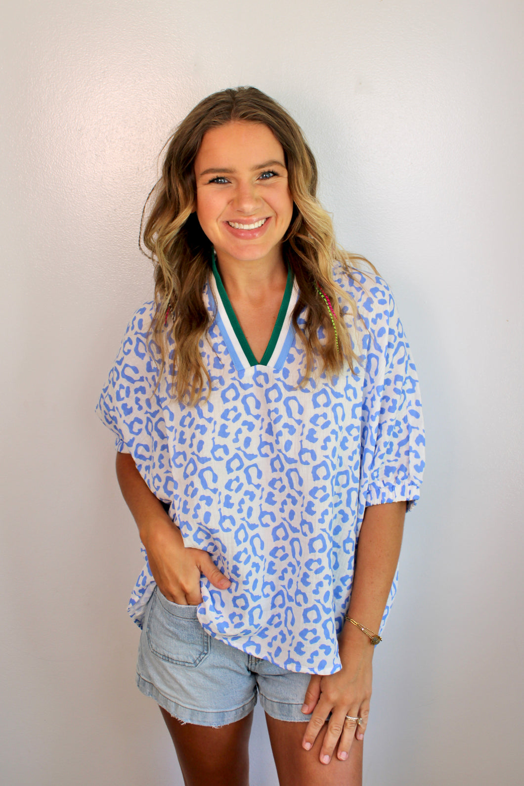 Green blue leopard top- last chance