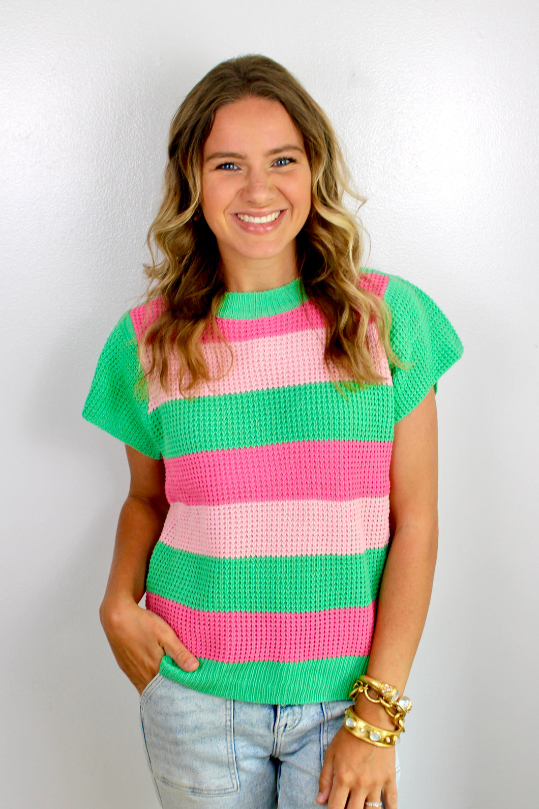 Green pink knitted top