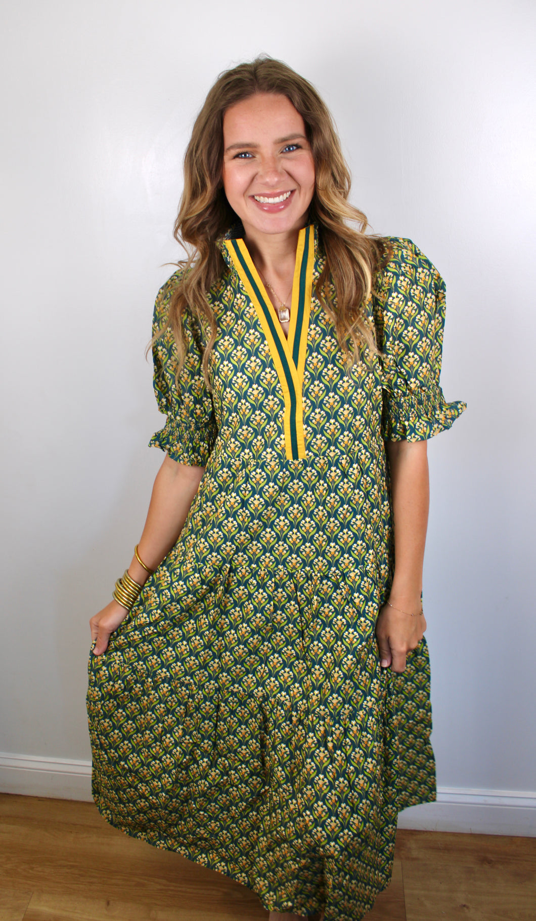Green yellow midi dress