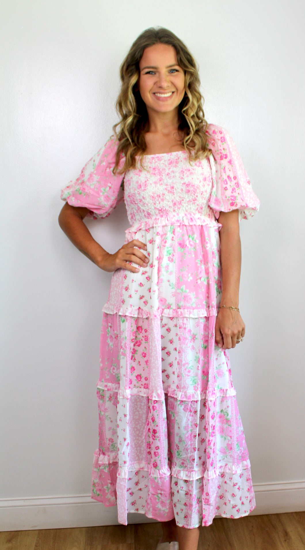 Pink floral smock dress Southern Knacks Boutique Pink floral smock dress Southern Knacks Boutique