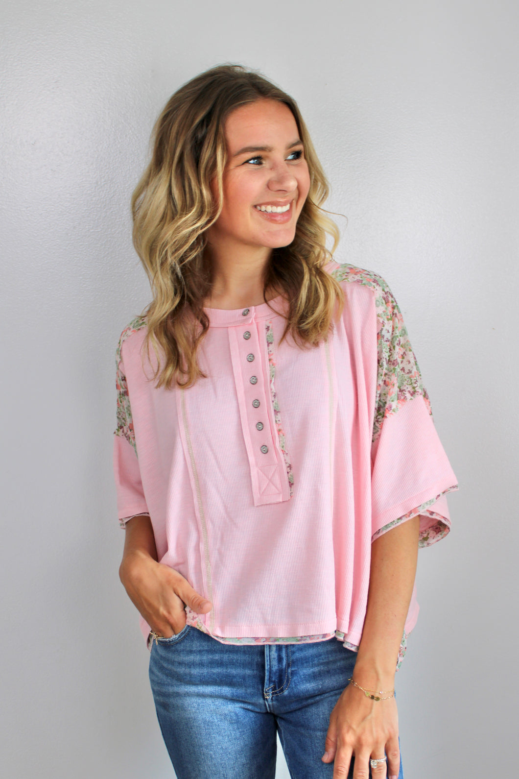 Pink floral button top- last chance