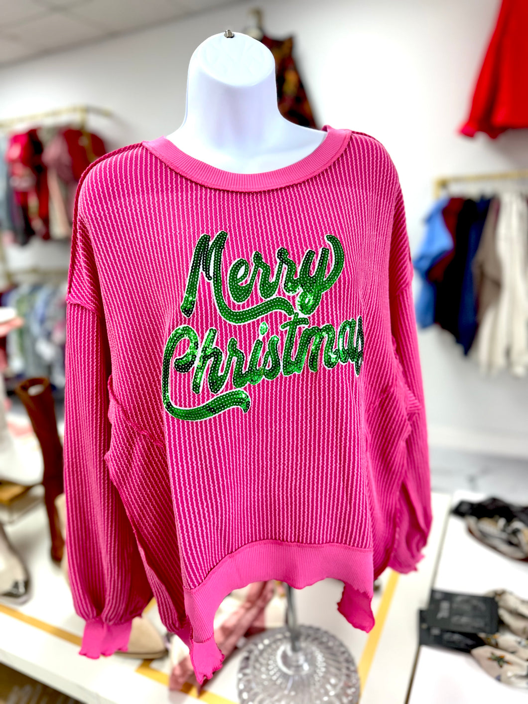 Pink green merry Christmas top