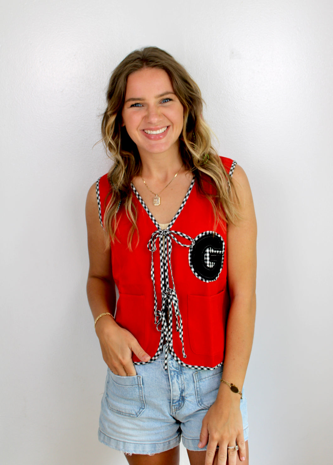 Red black tie G top- last chance