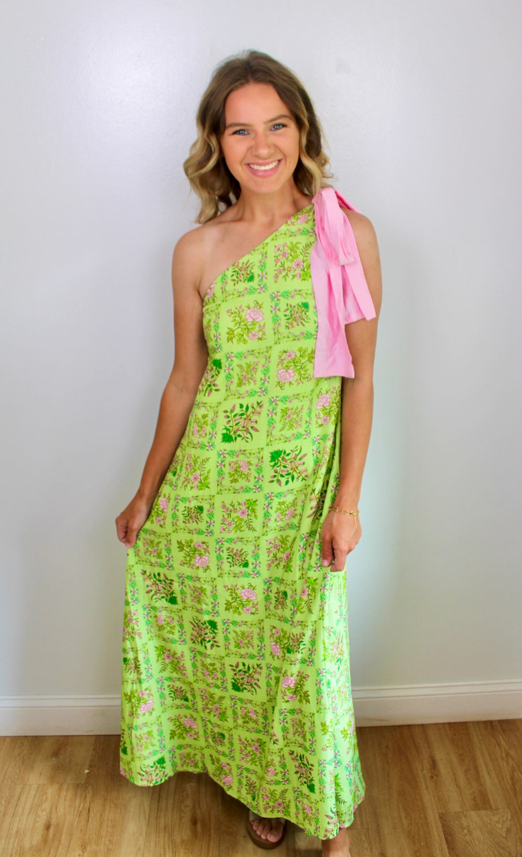 Green pink bow dress